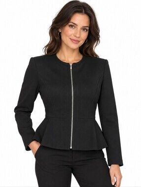 DKNY Peplum Blazer Jacket Size 6 Black Zip Front Tailored Career Workwear